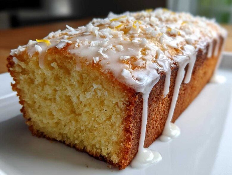 Close-up of a loaf of Gluten-Free Lemon Coconut Cake drizzled with white icing and topped with coconut flakes.