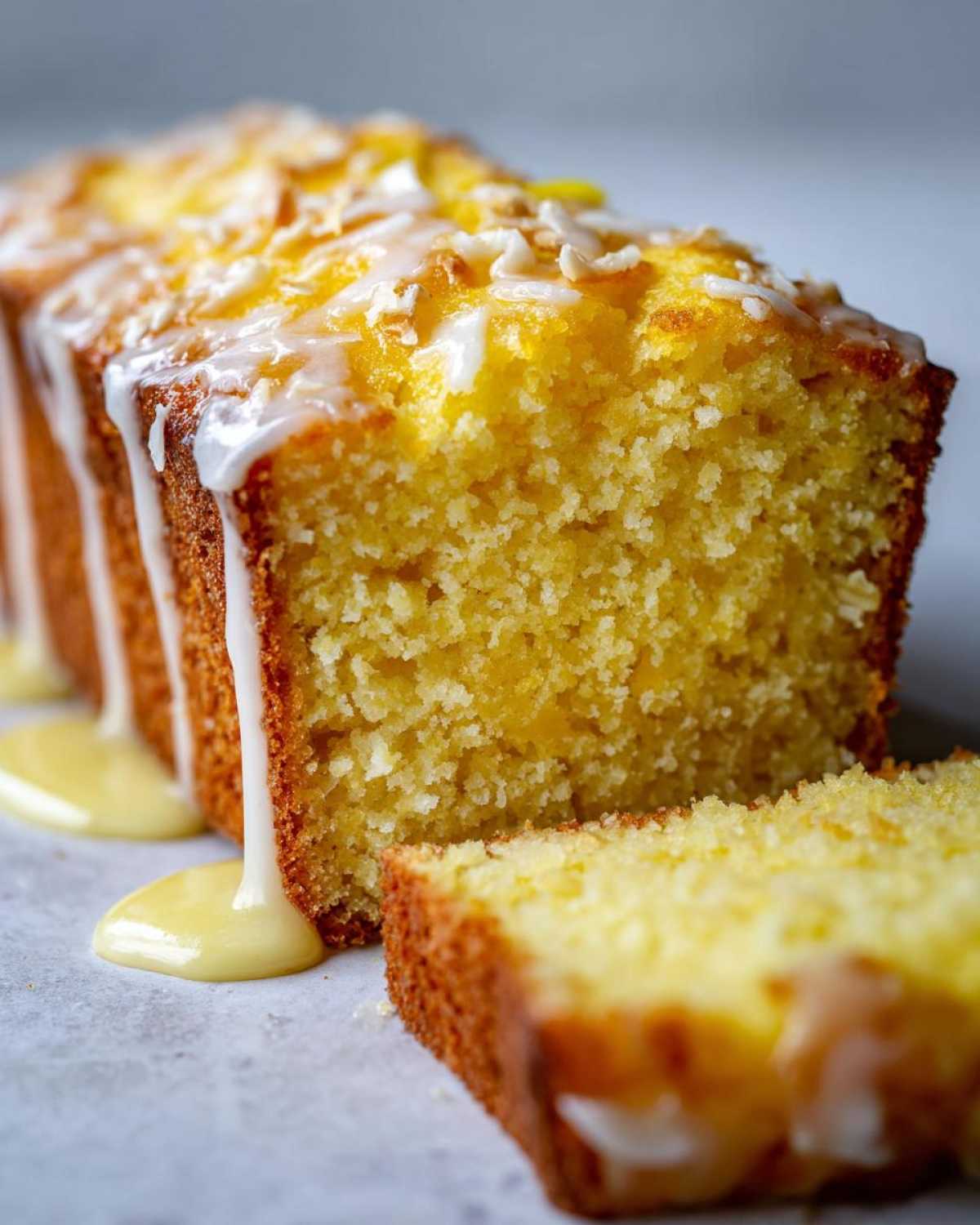 Close-up of a sliced Gluten-Free Lemon Coconut Cake loaf drizzled with white glaze and topped with coconut flakes.