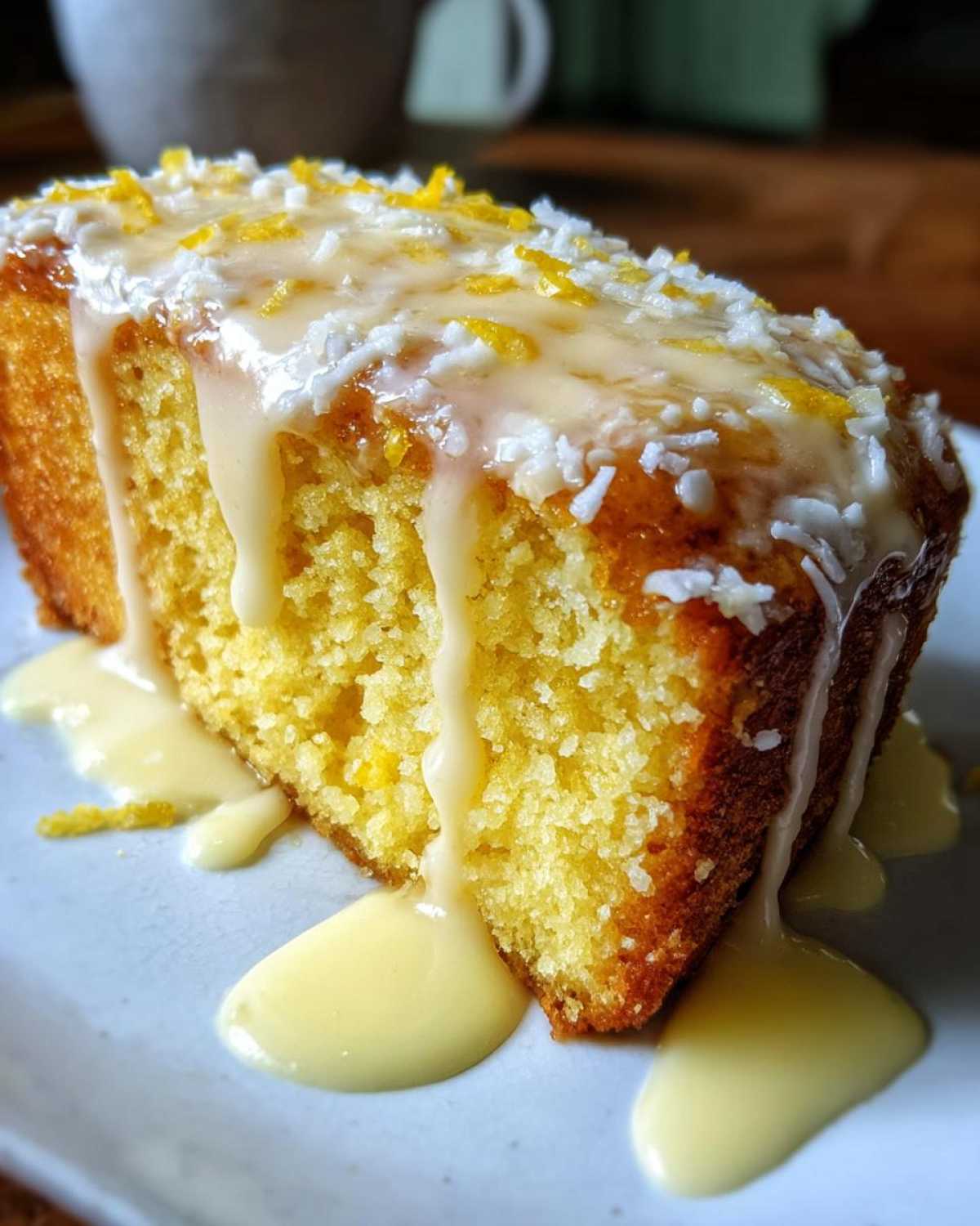 Close-up of a moist slice of Gluten-Free Lemon Coconut Cake topped with thick lemon glaze, shredded coconut, and zest.
