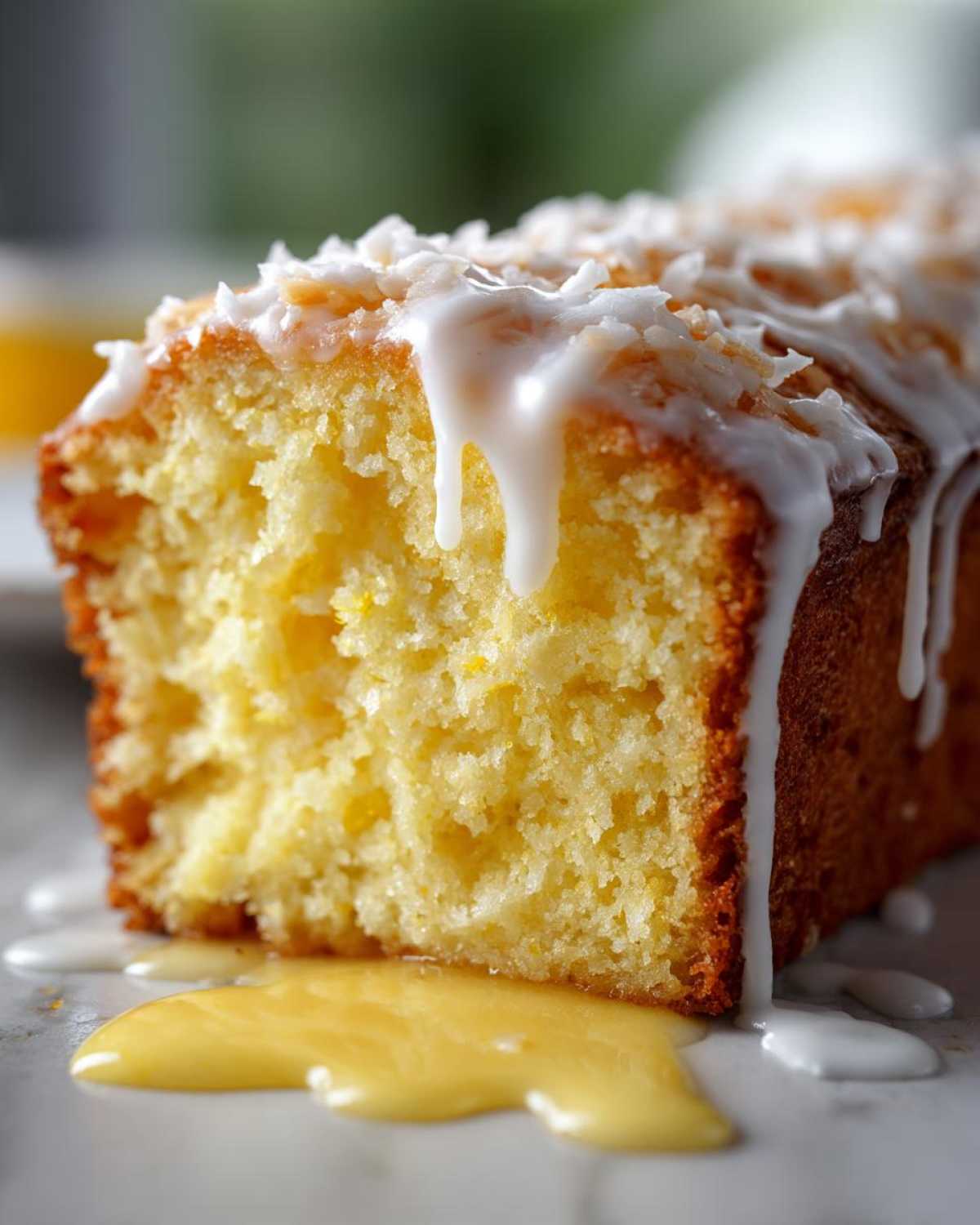 Close-up of a moist slice of Gluten-Free Lemon Coconut Cake with white glaze and shredded coconut topping.