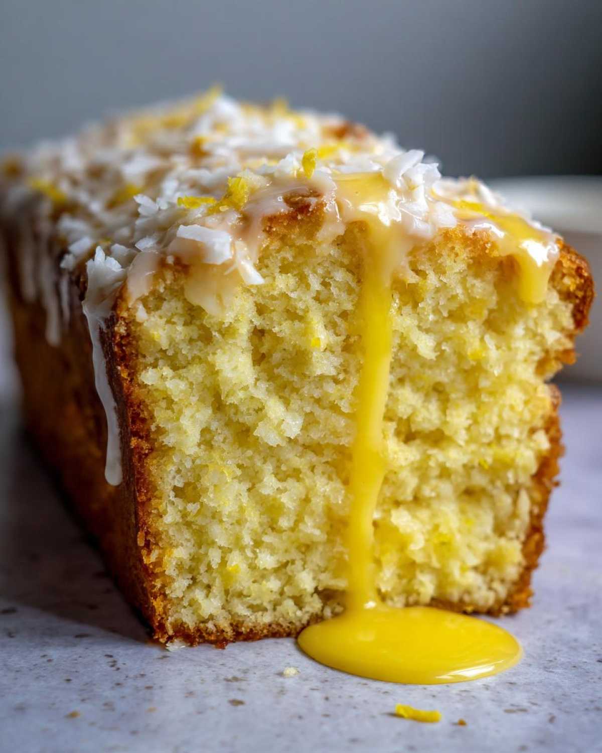 Close-up of a slice of Gluten-Free Lemon Coconut Cake showing moist crumb and thick lemon glaze dripping down.
