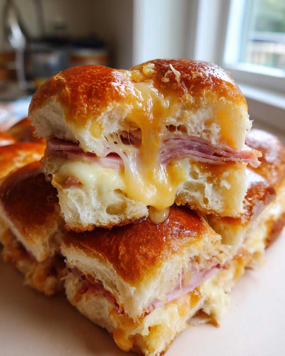 Close-up of Hawaiian Roll Ham and Cheese Sliders with melted cheese and honey mustard glaze dripping.