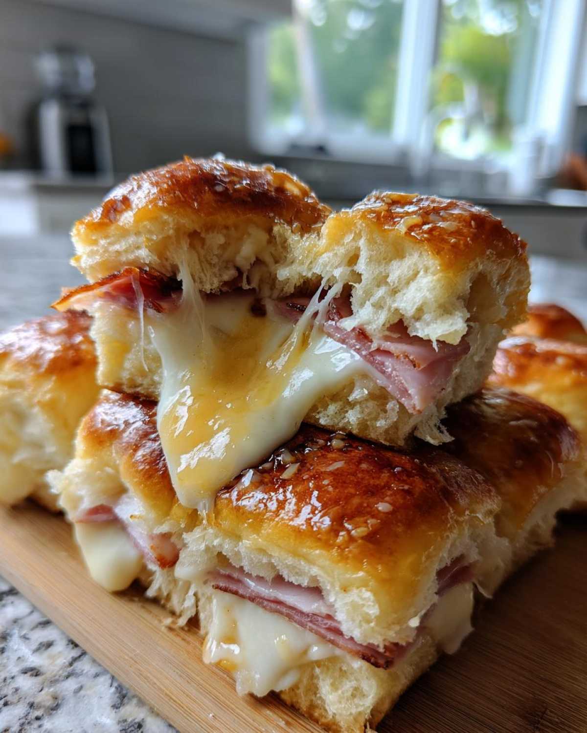 Close-up of Hawaiian Roll Ham and Cheese Sliders with melted cheese stretching between the halves, topped with a honey glaze.
