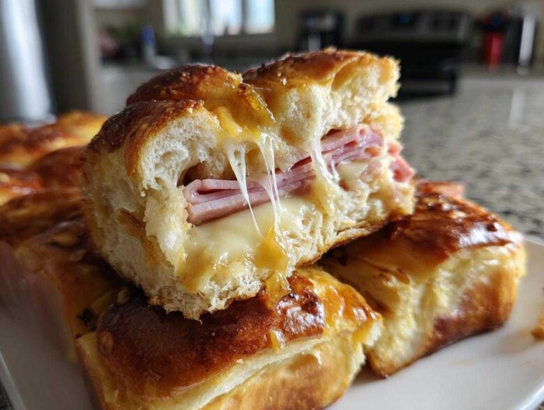 Close-up of a Hawaiian Roll Ham and Cheese Slider cut in half showing melted cheese pull.