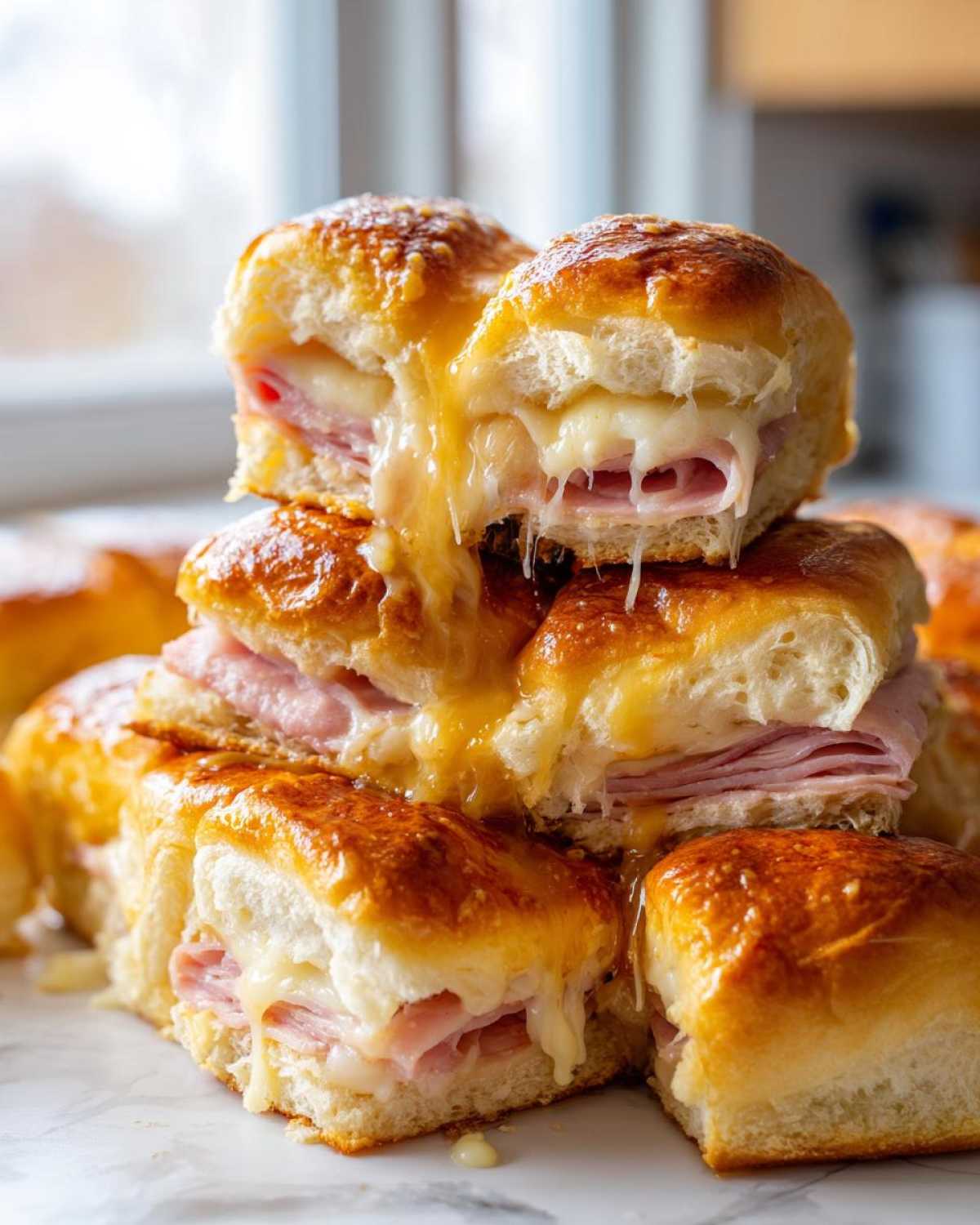 A stack of gooey Hawaiian Roll Ham and Cheese Sliders with melted cheese dripping down the sides.