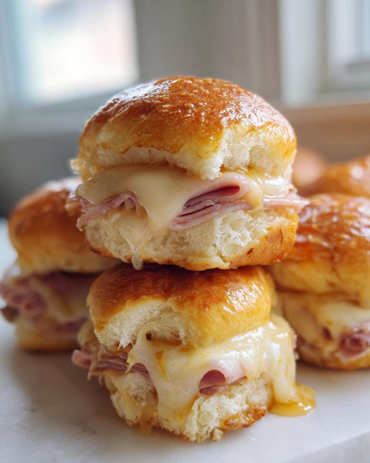 Two stacked Hawaiian Roll Ham and Cheese Sliders with melted Swiss cheese oozing out and a shiny glaze.