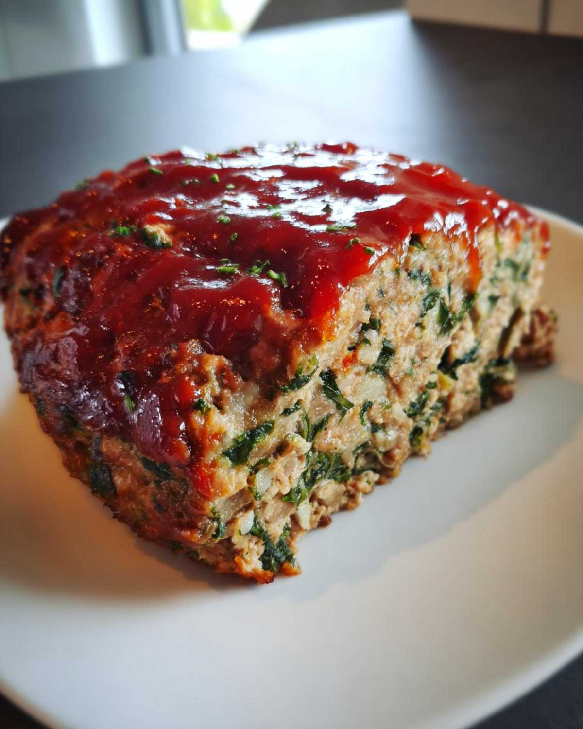 A close-up slice of Healthy Turkey Spinach Meatloaf topped with a thick, glossy ketchup glaze.