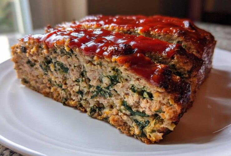 A thick slice of Healthy Turkey Spinach Meatloaf, showing the interior with ground turkey and green spinach, topped with a shiny red glaze.