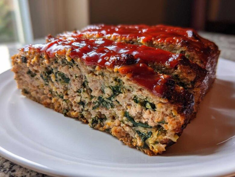 A thick slice of Healthy Turkey Spinach Meatloaf, showing the interior with ground turkey and green spinach, topped with a shiny red glaze.