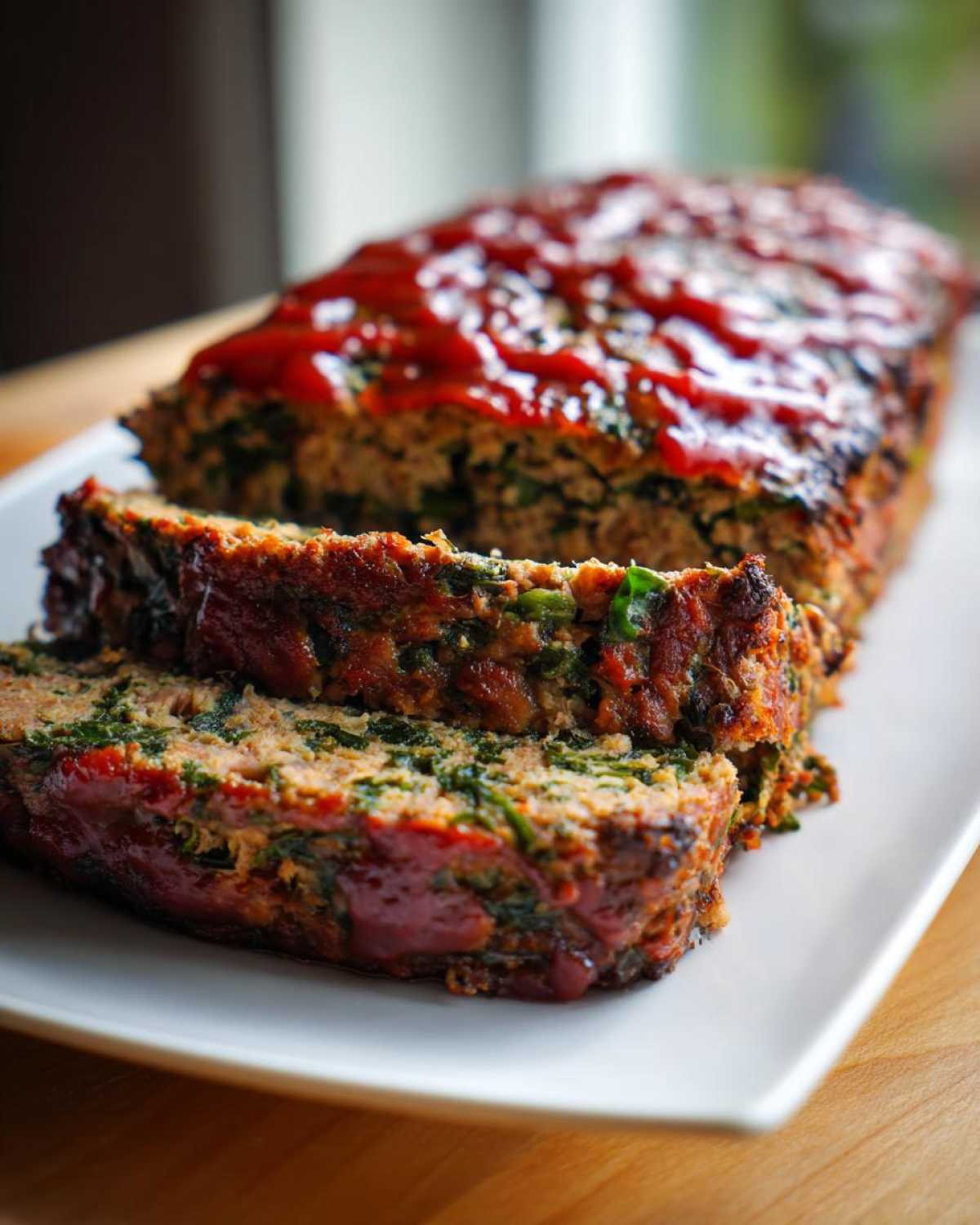 Two slices cut from a Healthy Turkey Spinach Meatloaf topped with a rich red glaze.