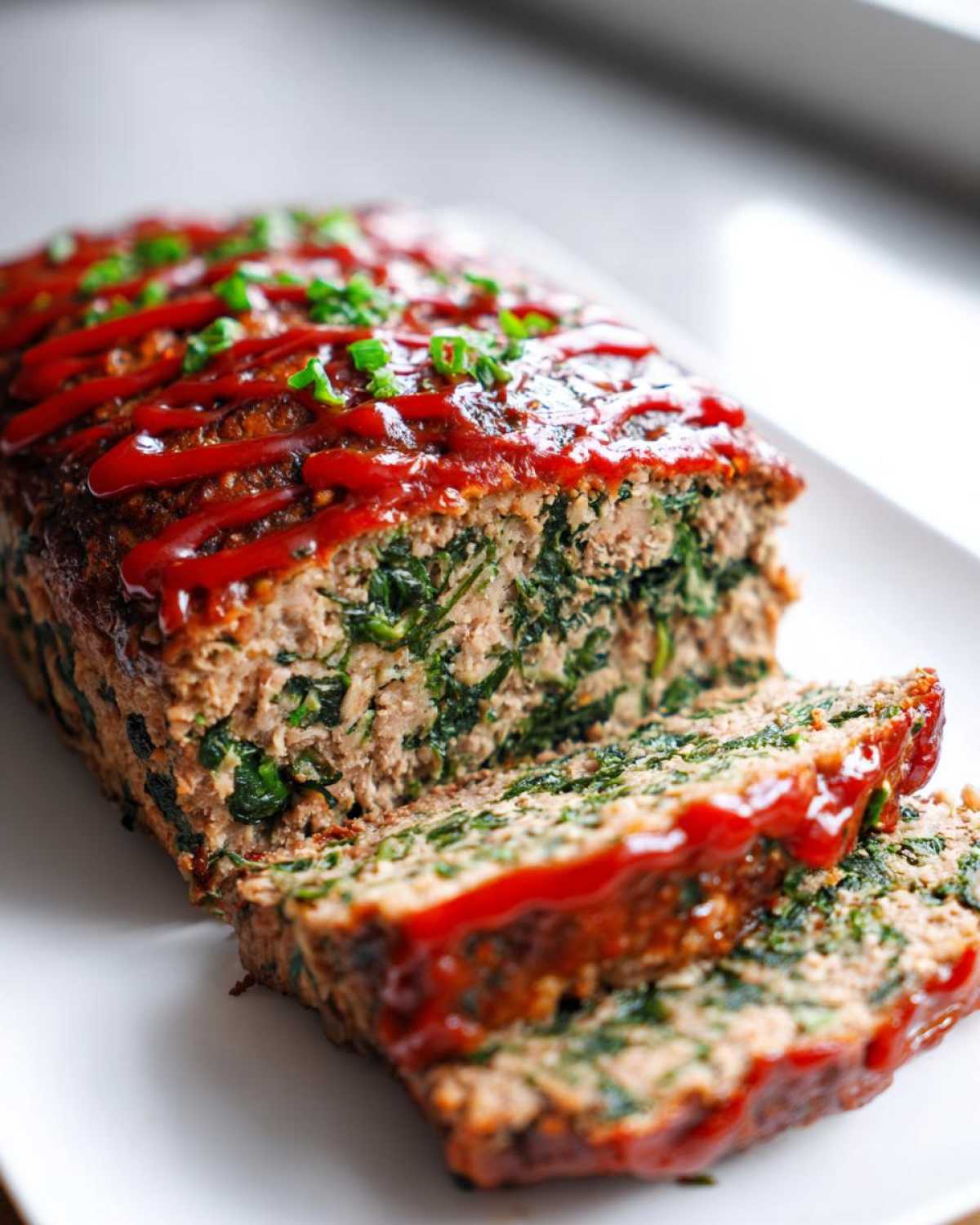 Cross-section of Healthy Turkey Spinach Meatloaf, glazed with ketchup and topped with chives.