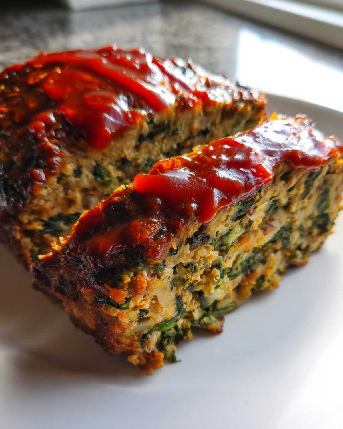 Close-up of two slices of Healthy Turkey Spinach Meatloaf topped with a shiny red glaze.