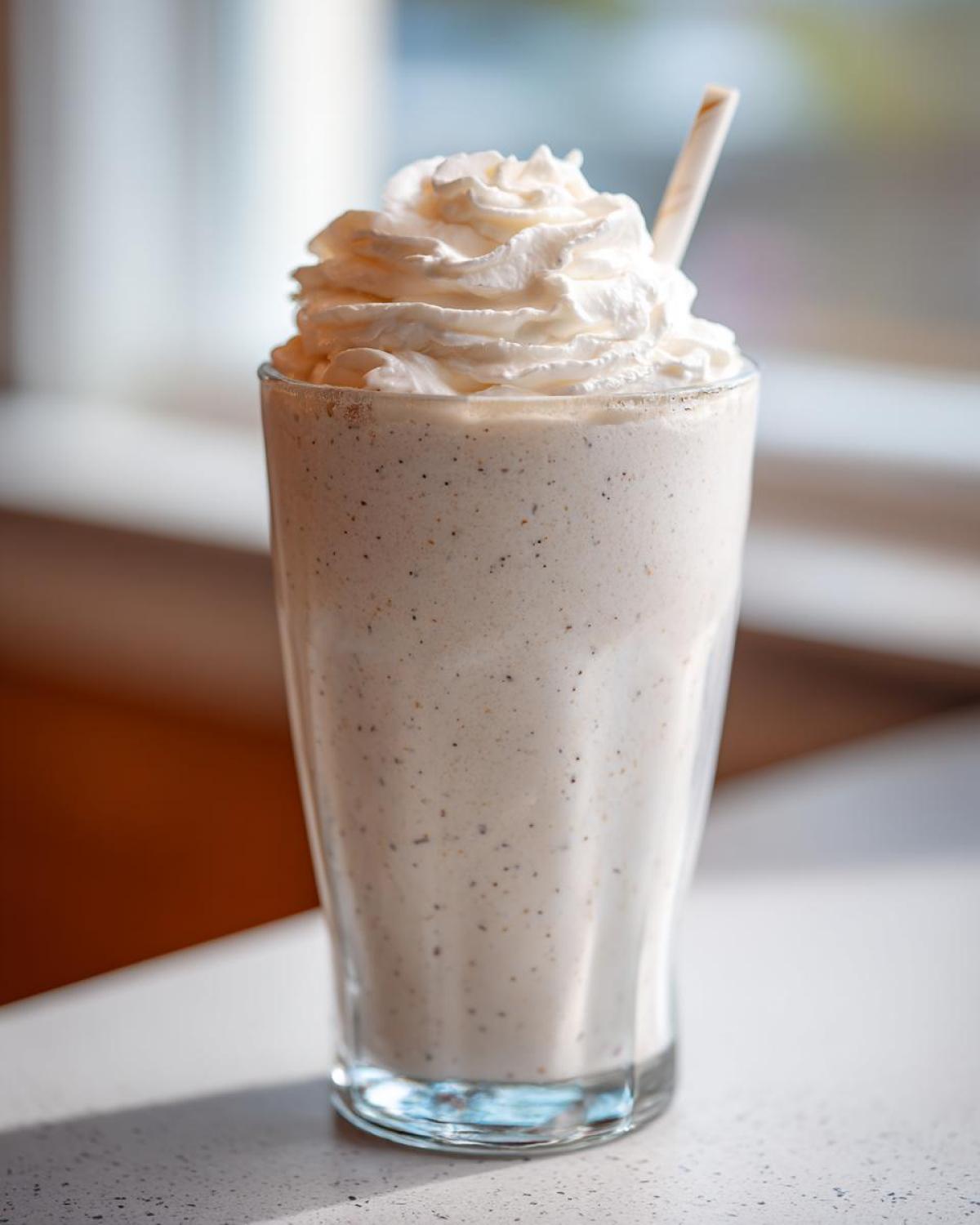 A tall glass of Homemade Vanilla Bean Frappuccino topped with a swirl of whipped cream and a straw.