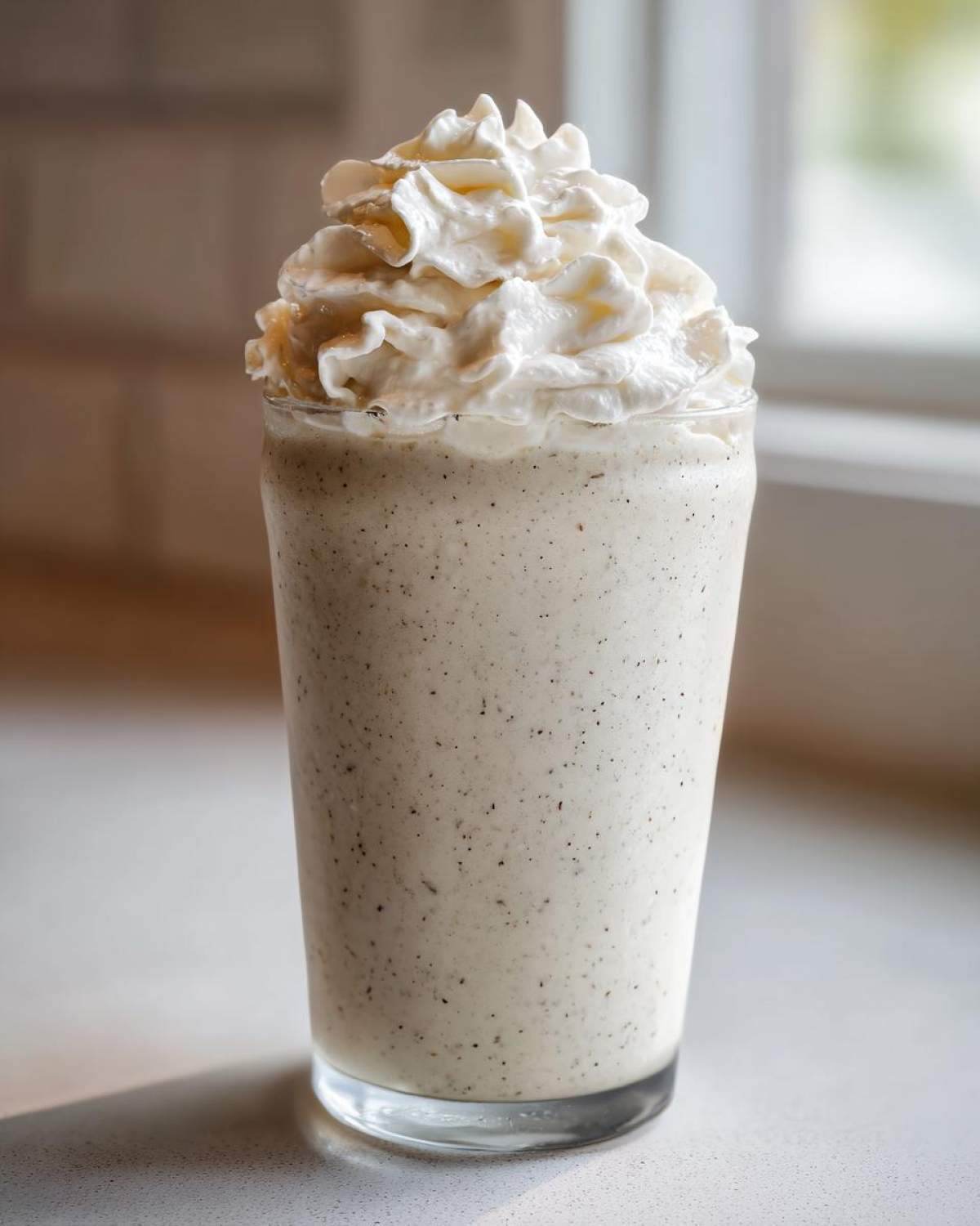 A tall glass filled with a speckled Homemade Vanilla Bean Frappuccino topped high with whipped cream.