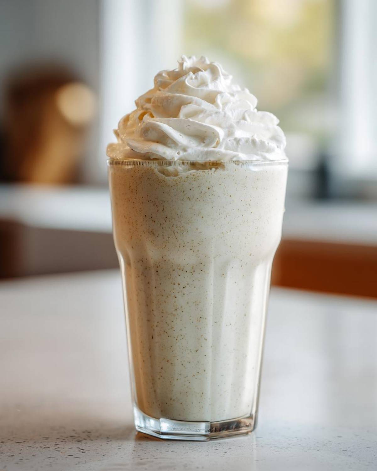 A tall glass filled with a speckled Homemade Vanilla Bean Frappuccino topped high with whipped cream.