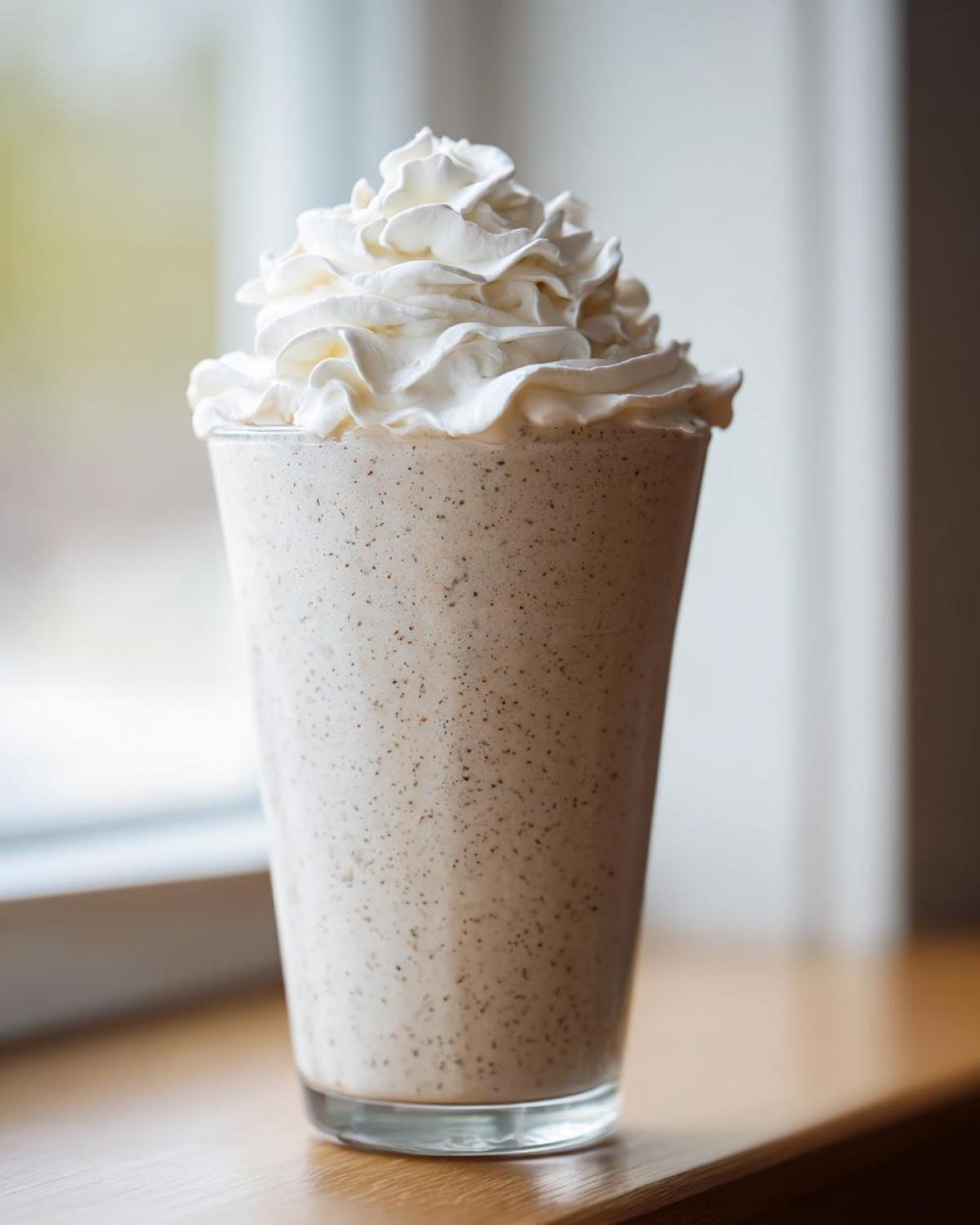 A tall glass of creamy Homemade Vanilla Bean Frappuccino topped high with whipped cream, sitting on a wooden surface.