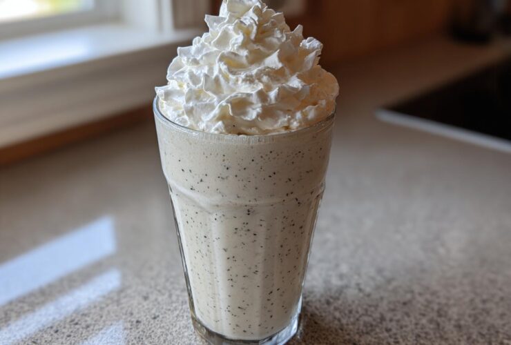 A tall glass filled with Homemade Vanilla Bean Frappuccino, speckled with vanilla seeds and topped high with whipped cream.