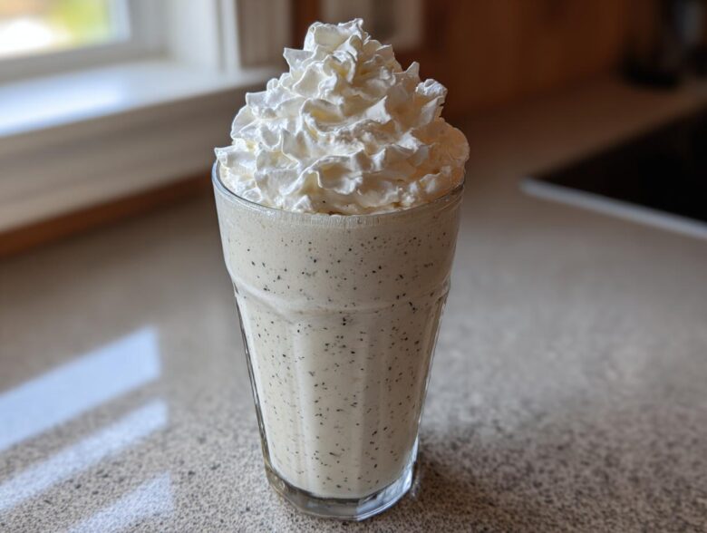 A tall glass filled with Homemade Vanilla Bean Frappuccino, speckled with vanilla seeds and topped high with whipped cream.