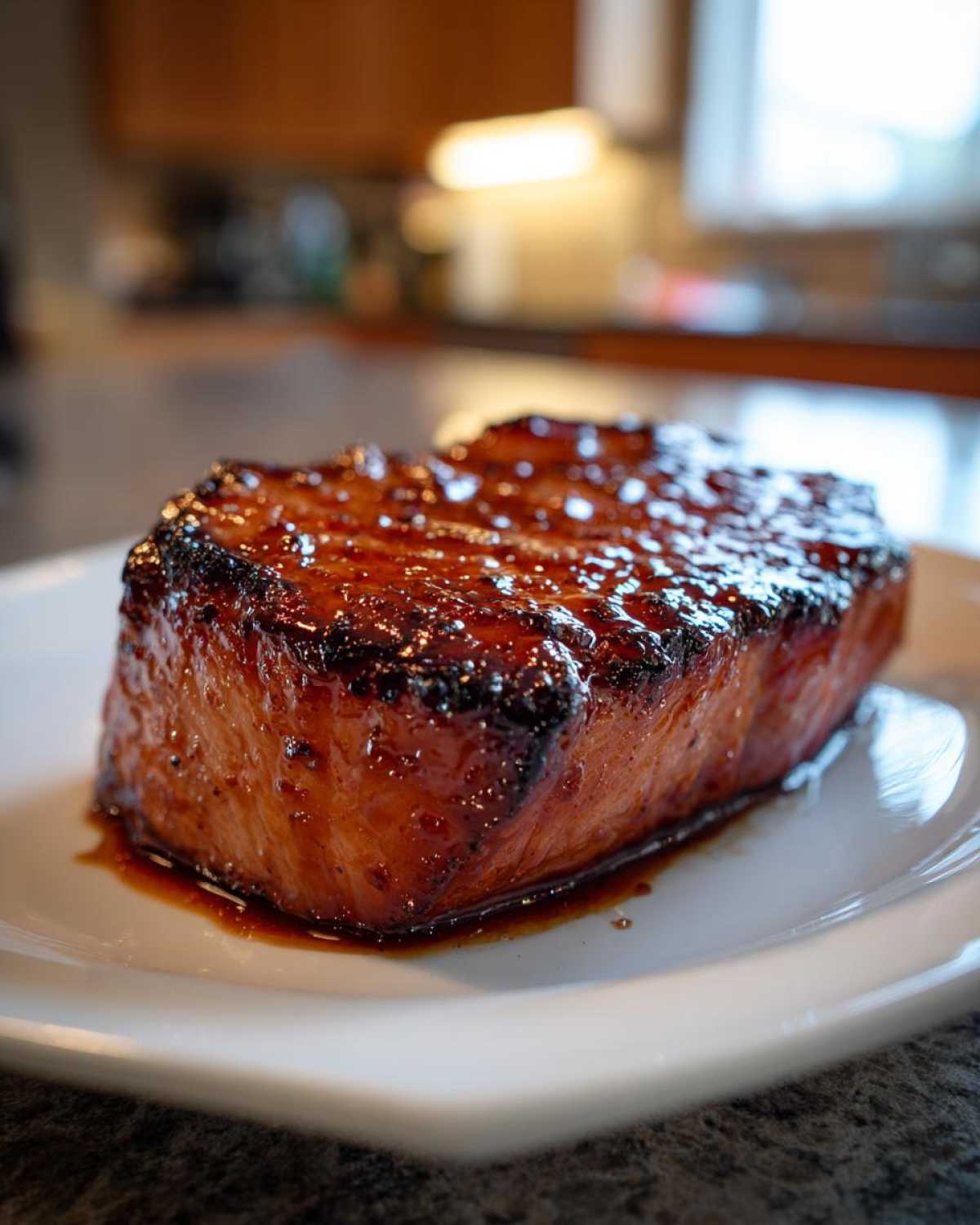 A thick, perfectly seared Honey Glazed Ham Steak glistening with a dark, sticky glaze on a white plate.