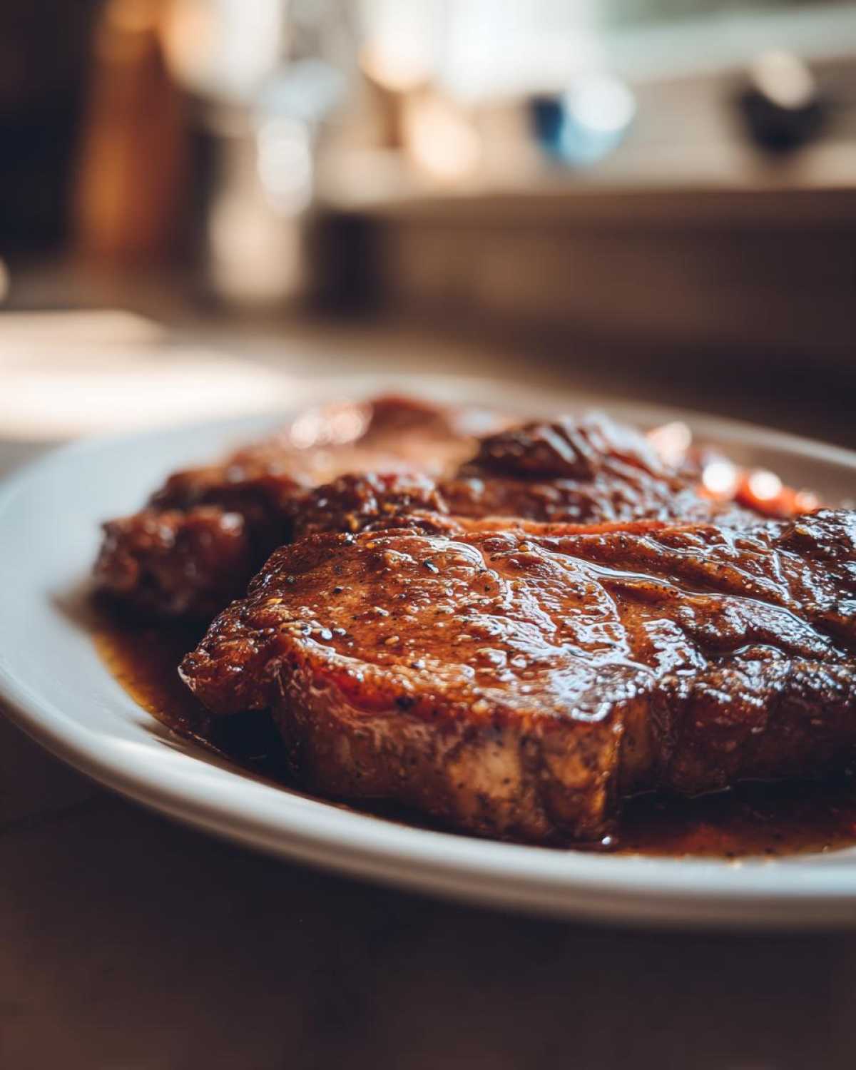 Close-up of a thick, juicy Honey Glazed Ham Steak in the Skillet, glistening with sauce on a white plate.