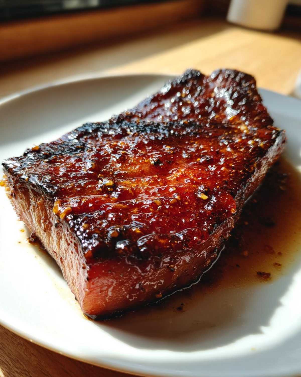 Close-up of a thick, caramelized Honey Glazed Ham Steak resting in its sweet glaze on a white plate.
