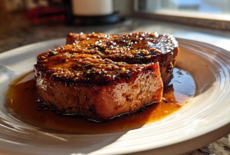 Close-up of two thick Honey Glazed Ham Steak in the Skillet portions resting in their sweet, brown glaze on a white plate.