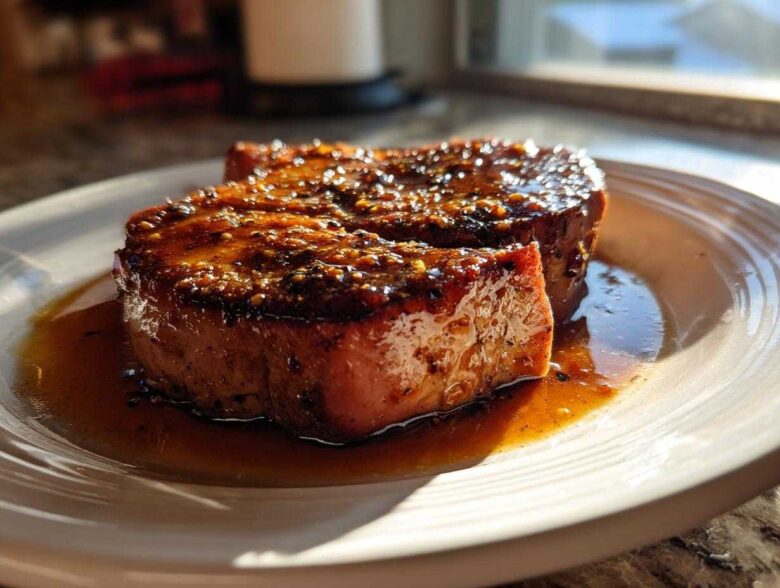 Close-up of two thick Honey Glazed Ham Steak in the Skillet portions resting in their sweet, brown glaze on a white plate.