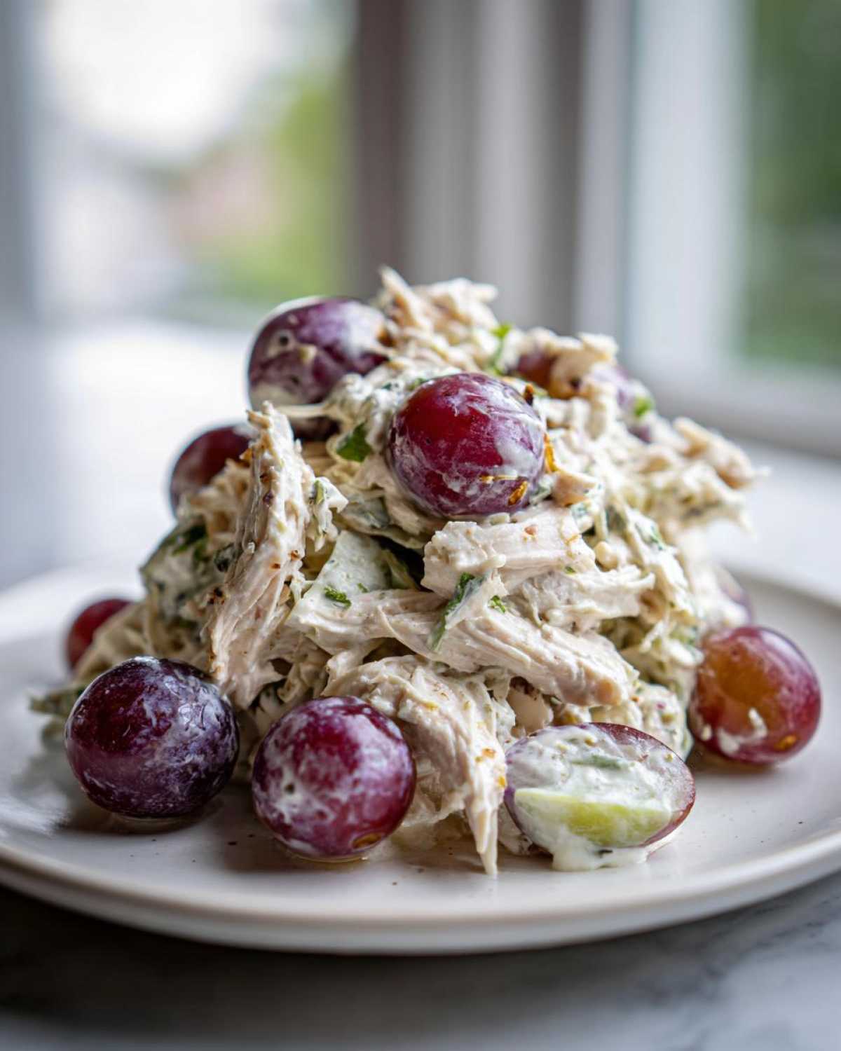A mound of creamy Honey Mustard Chicken Salad with Grapes served on a white plate.