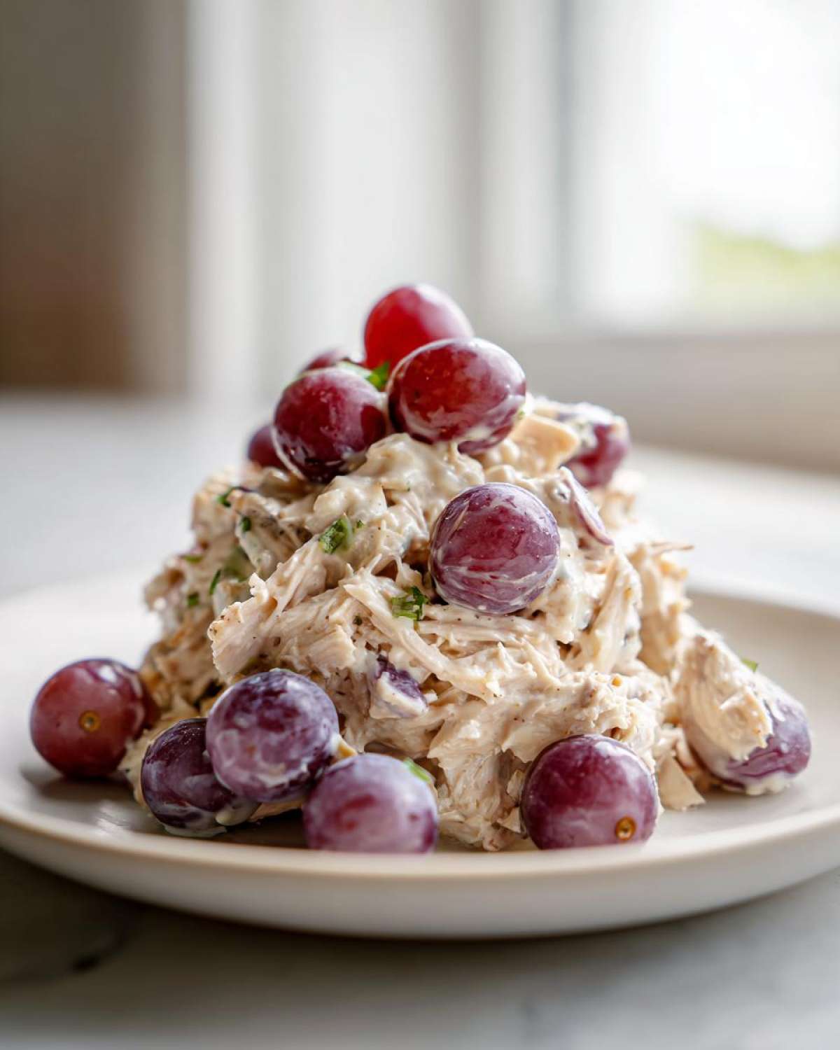 A mound of creamy Honey Mustard Chicken Salad with Grapes, topped and surrounded by fresh red grapes on a light plate.