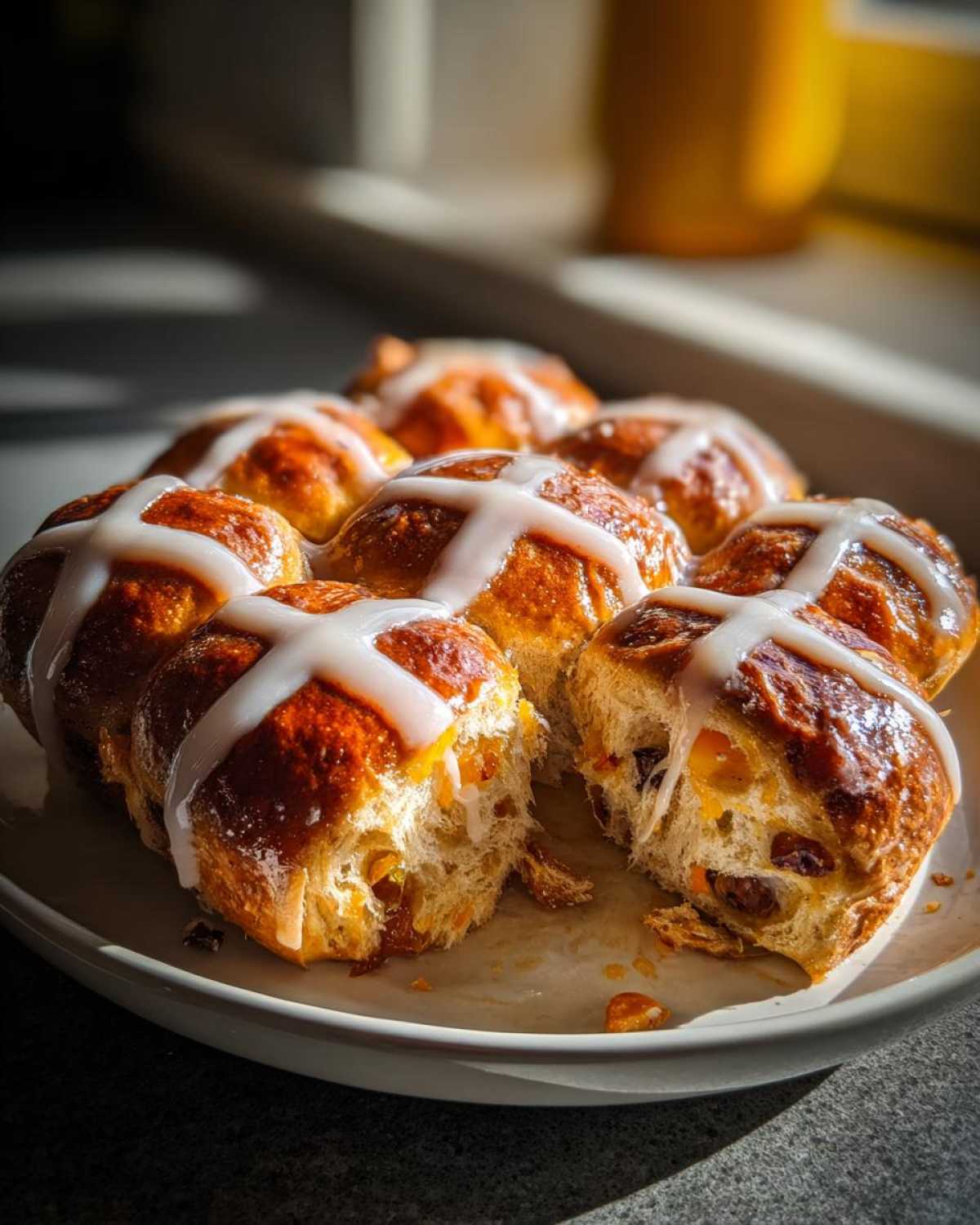 A plate of freshly baked Hot Cross Buns with Orange Glaze, one bun is broken open showing the fruit inside.