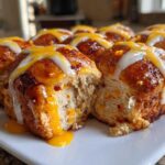A cluster of freshly baked Hot Cross Buns with Orange Glaze, one split open showing soft interior and dripping glaze.