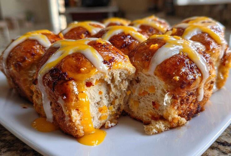 A cluster of freshly baked Hot Cross Buns with Orange Glaze, one split open showing soft interior and dripping glaze.