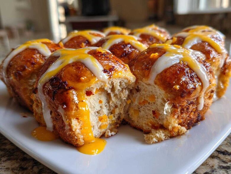 A cluster of freshly baked Hot Cross Buns with Orange Glaze, one split open showing soft interior and dripping glaze.