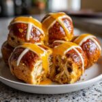 Close-up of Hot Cross Buns with Orange Glaze, one bun broken open showing the soft interior.