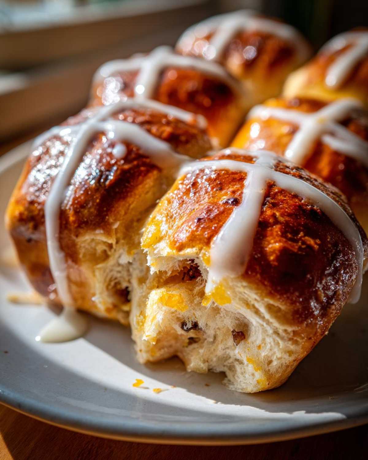 A close-up of freshly baked Hot Cross Buns with Orange Glaze, one bun pulled apart showing the soft interior with fruit.
