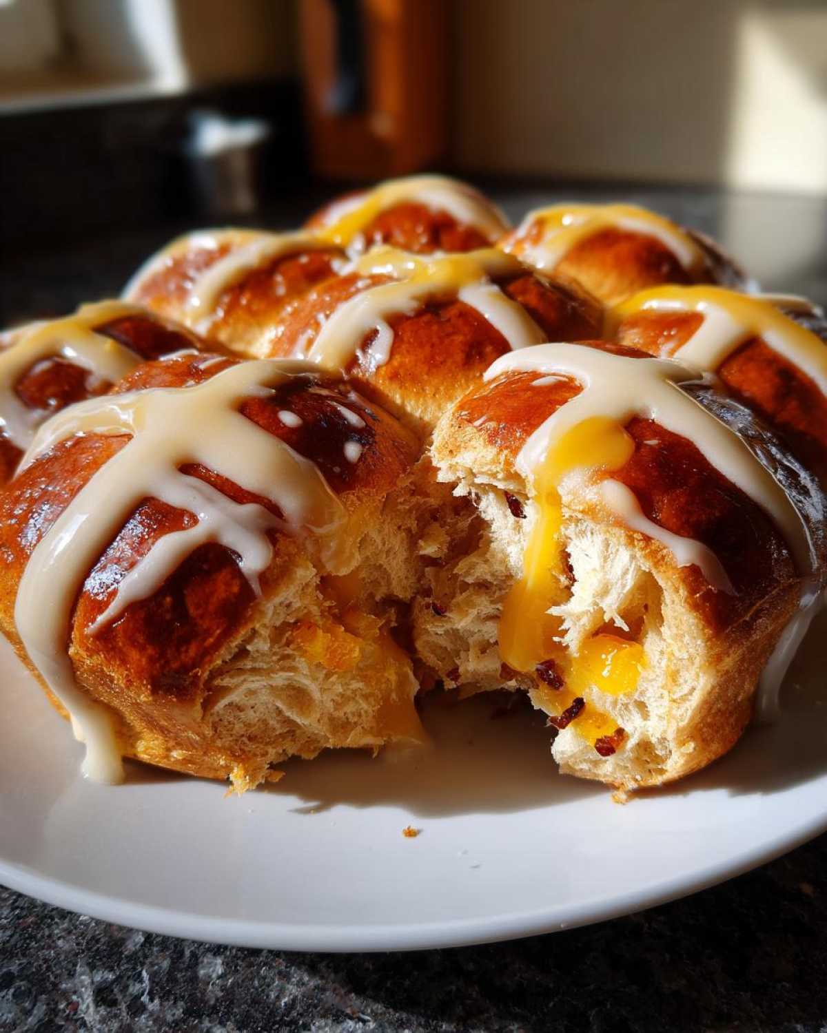 A cluster of freshly baked Hot Cross Buns with Orange Glaze, one bun pulled apart showing soft interior and dripping orange filling.