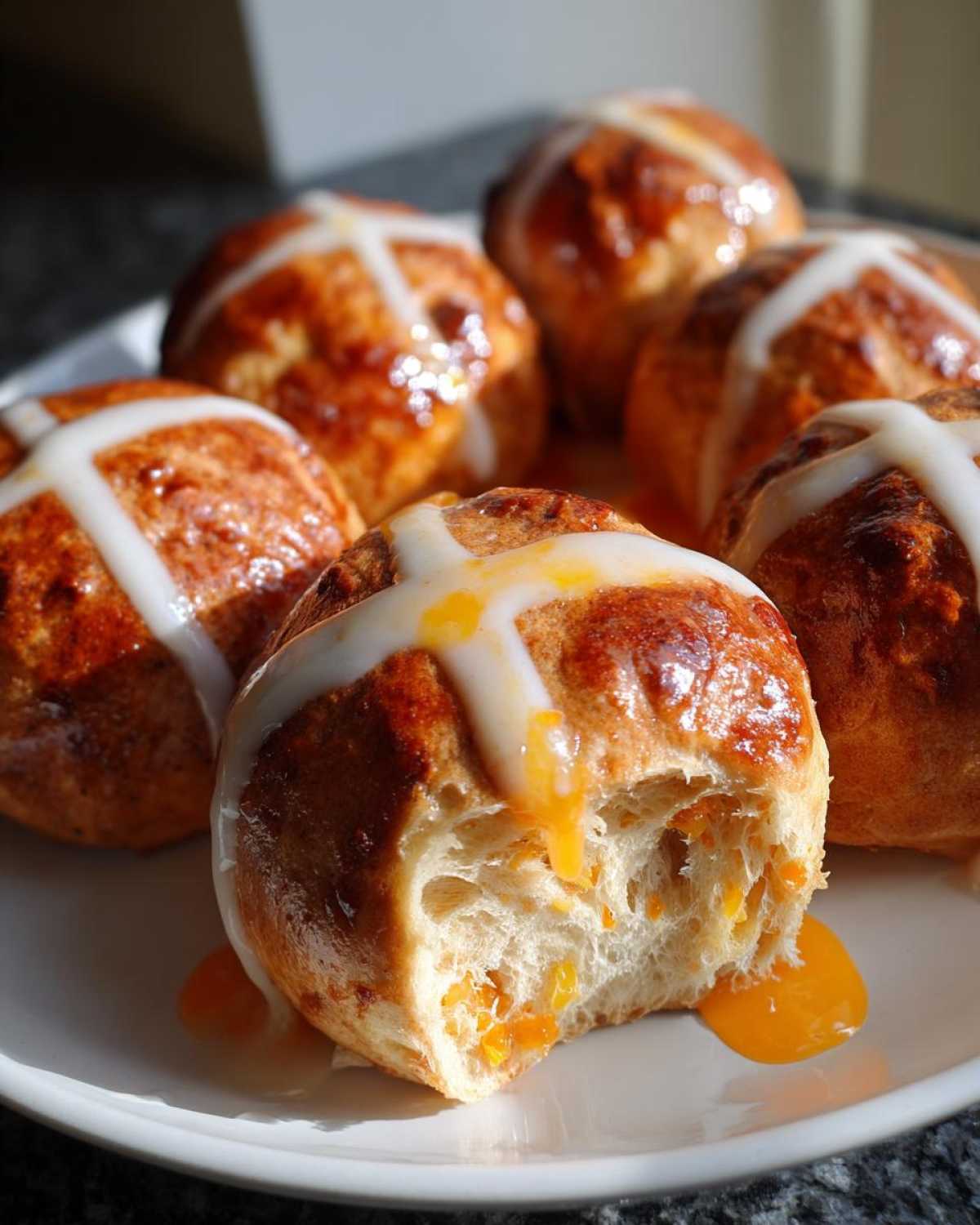 A torn open Hot Cross Bun with Orange Glaze showing soft interior and dripping glaze on a white plate.