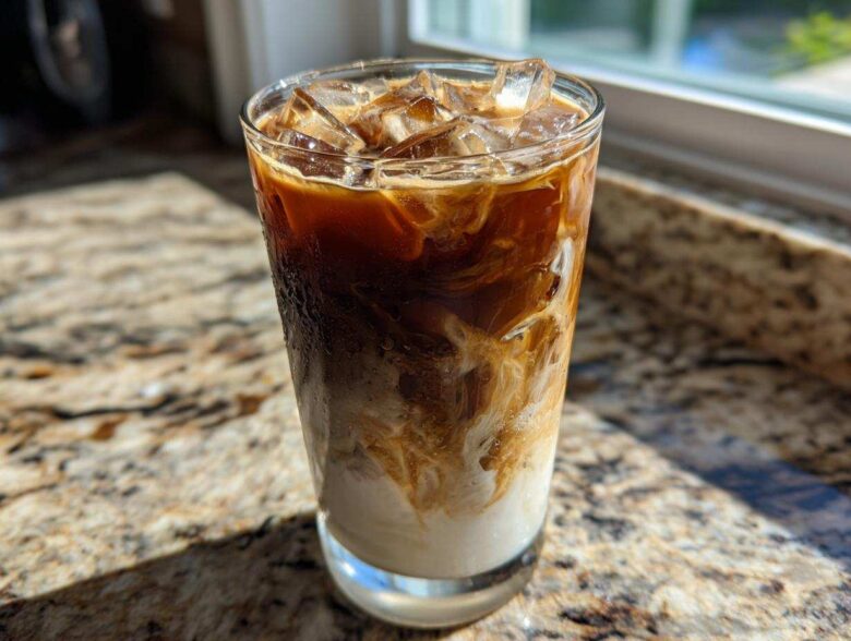 A tall glass of Iced Brown Sugar Oatmilk Latte showing rich layers of coffee, oatmilk, and ice cubes, glistening in sunlight.
