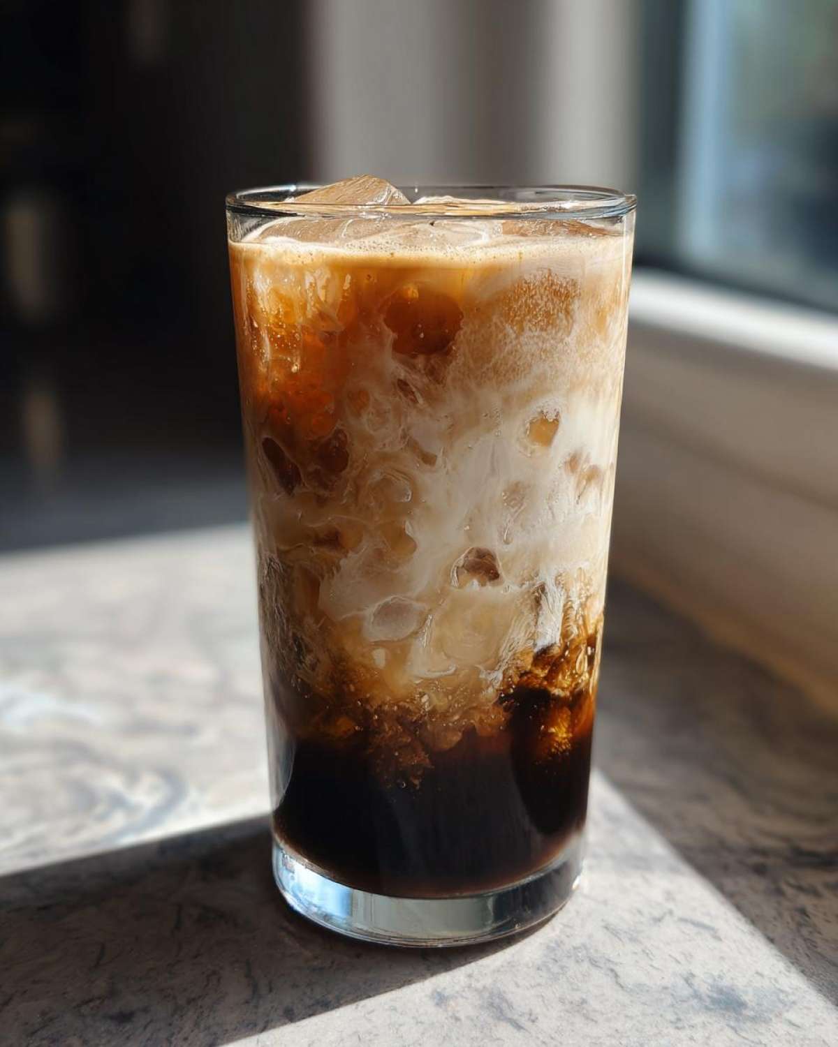 Close-up of a tall glass containing an Iced Brown Sugar Oatmilk Latte showing distinct layers of dark coffee and creamy oatmilk.
