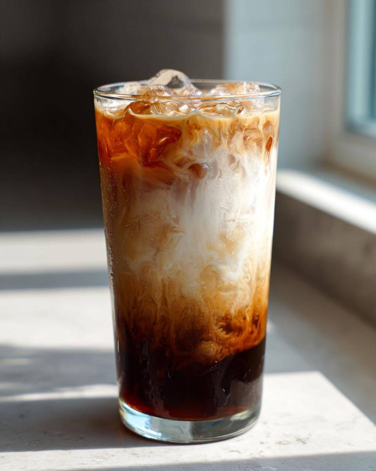 A tall glass showing the beautiful layers of an Iced Brown Sugar Oatmilk Latte with ice cubes.