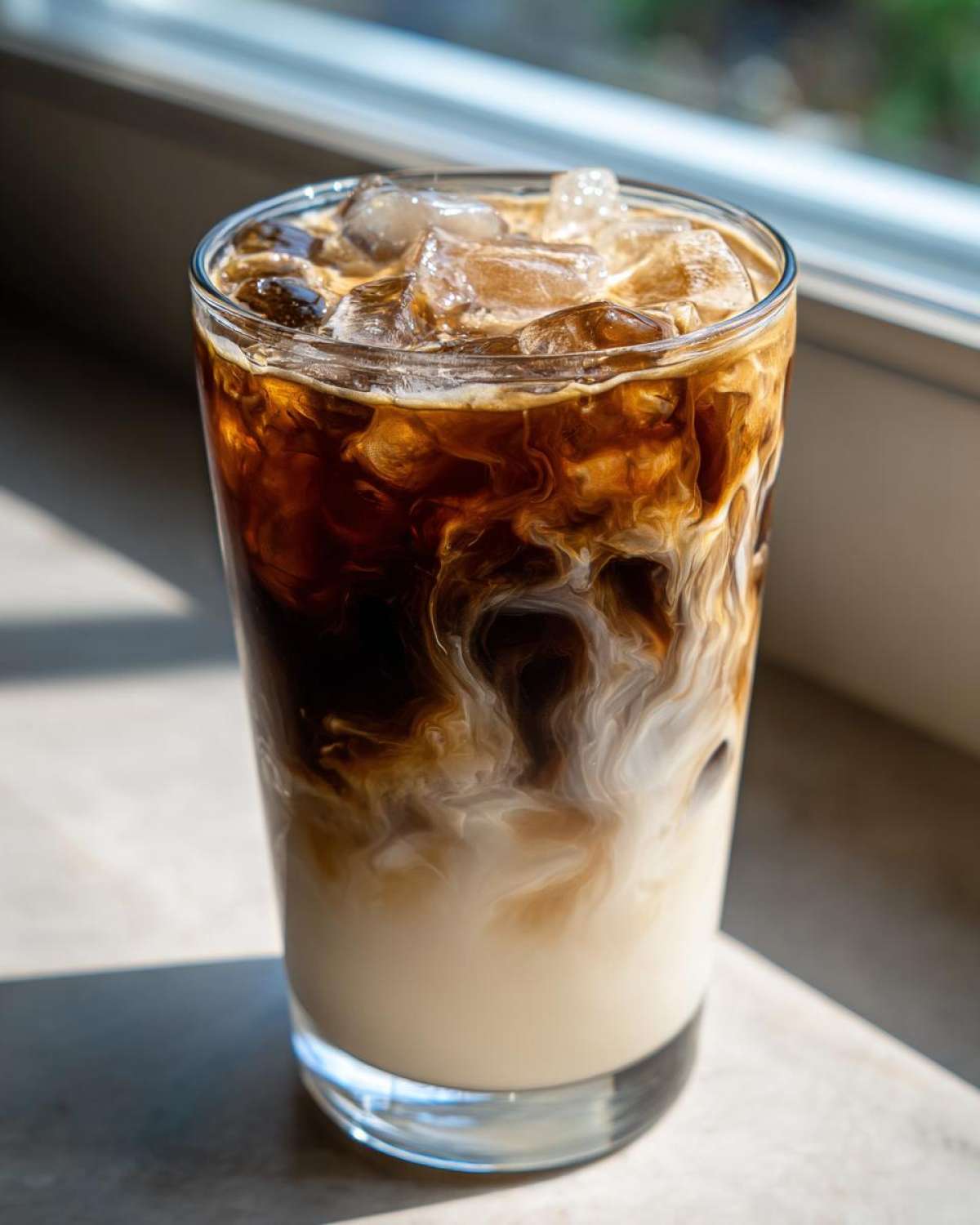 Close-up of an Iced Brown Sugar Oatmilk Latte showing the beautiful swirl of espresso mixing with oat milk and ice.
