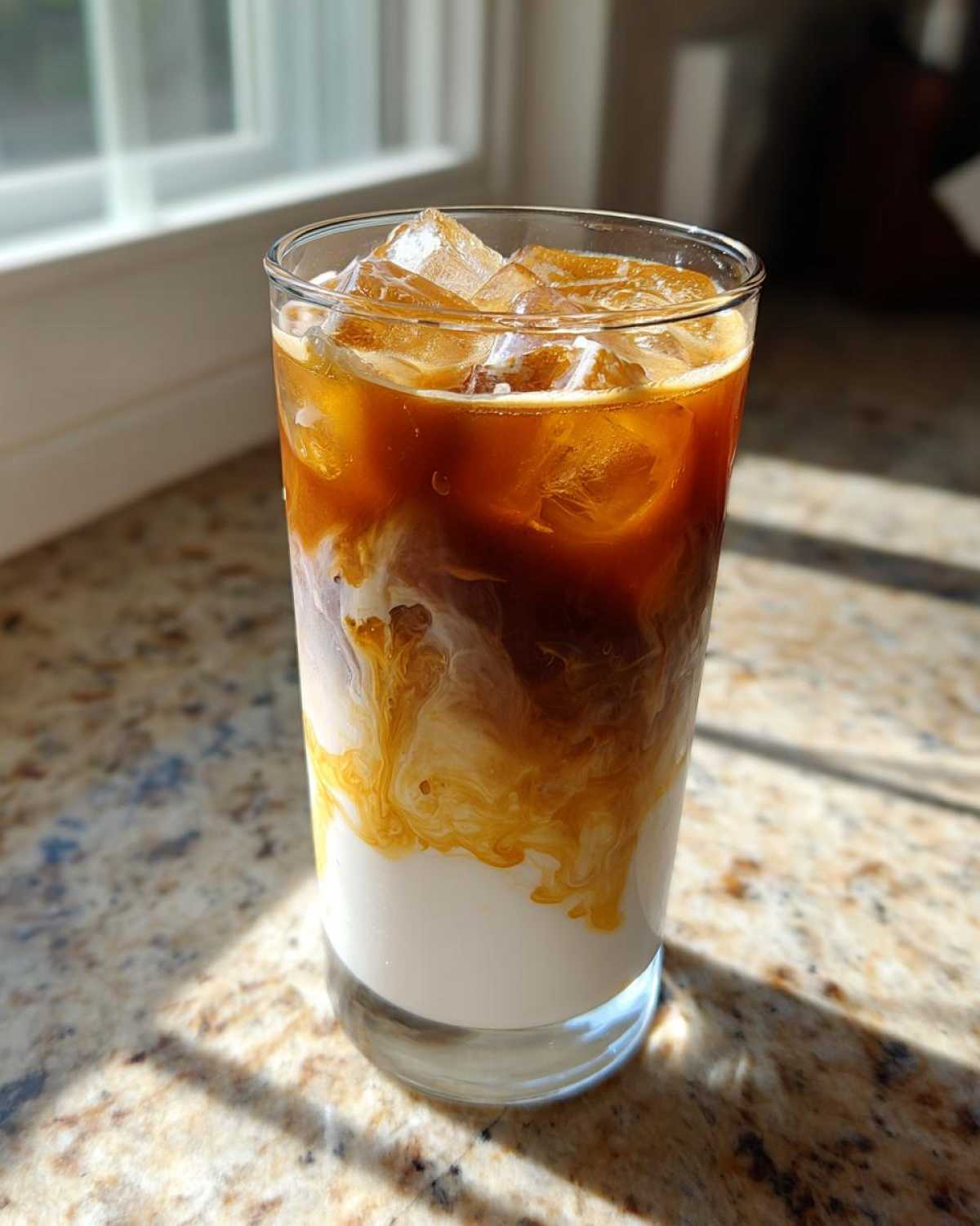 Tall glass showing beautiful layers of almond milk, honey syrup, and espresso for an Iced Honey Almond Milk Latte.