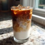 A tall glass showing the beautiful swirl of espresso mixing into almond milk for an Iced Honey Almond Milk Latte.