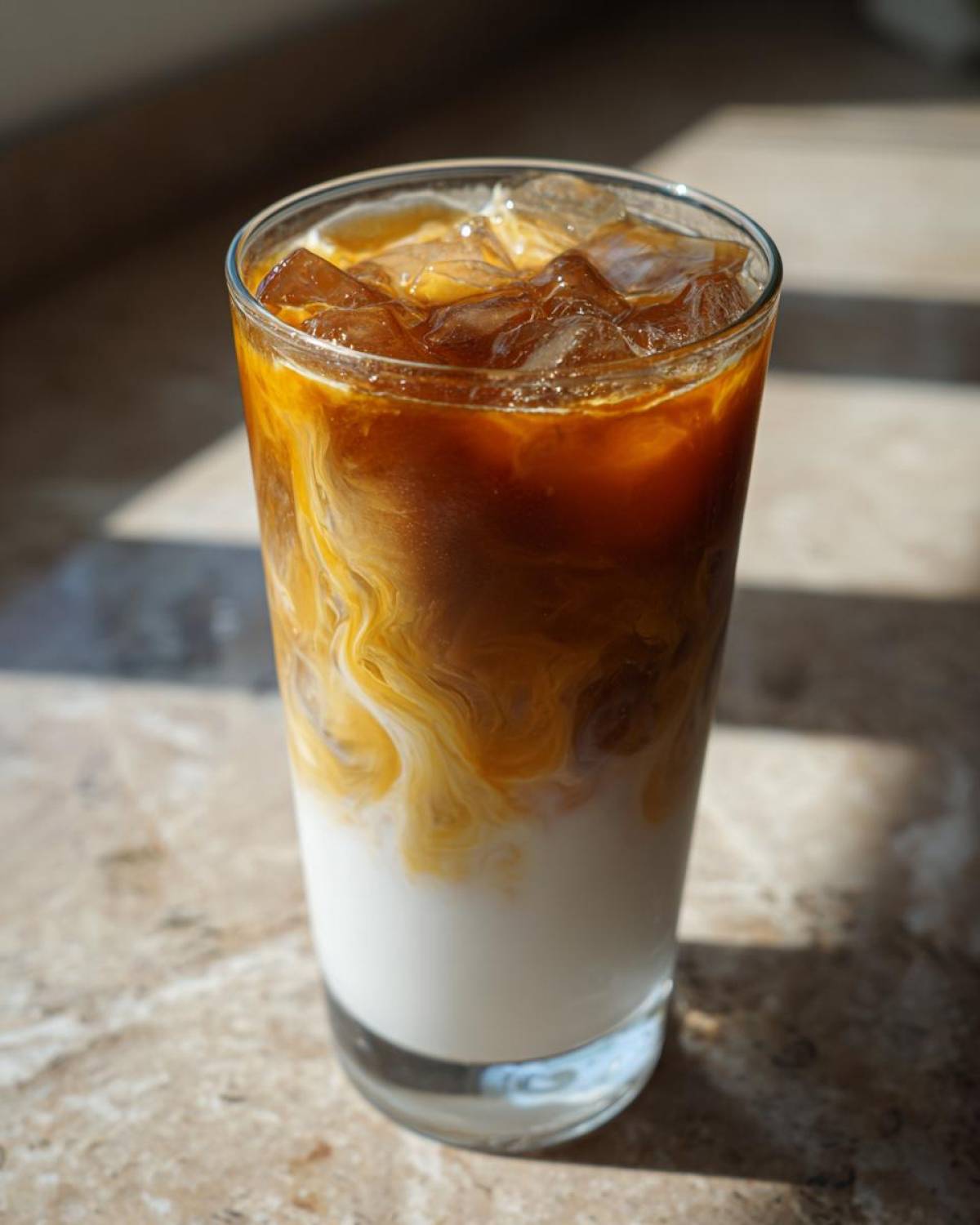 Close-up of an Iced Honey Almond Milk Latte showing rich espresso swirling into white almond milk over ice.