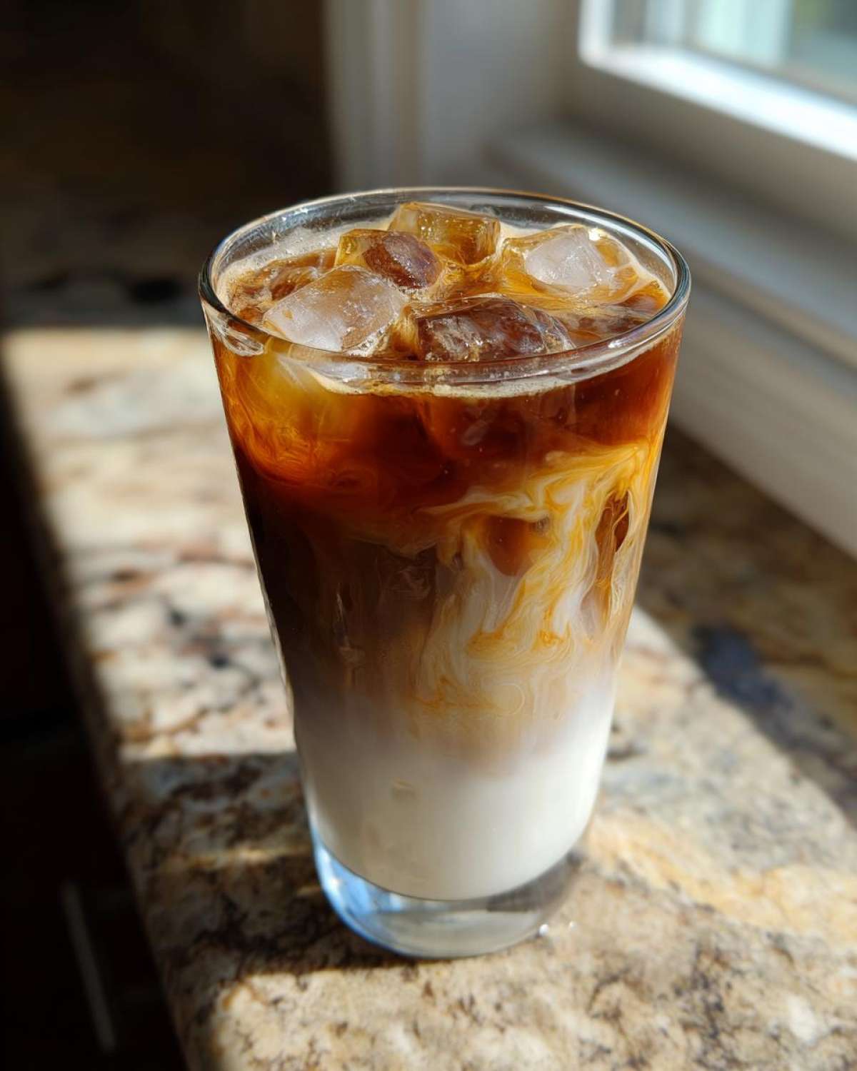 A tall glass of Iced Honey Almond Milk Latte showing layers of milk, espresso, and ice cubes.