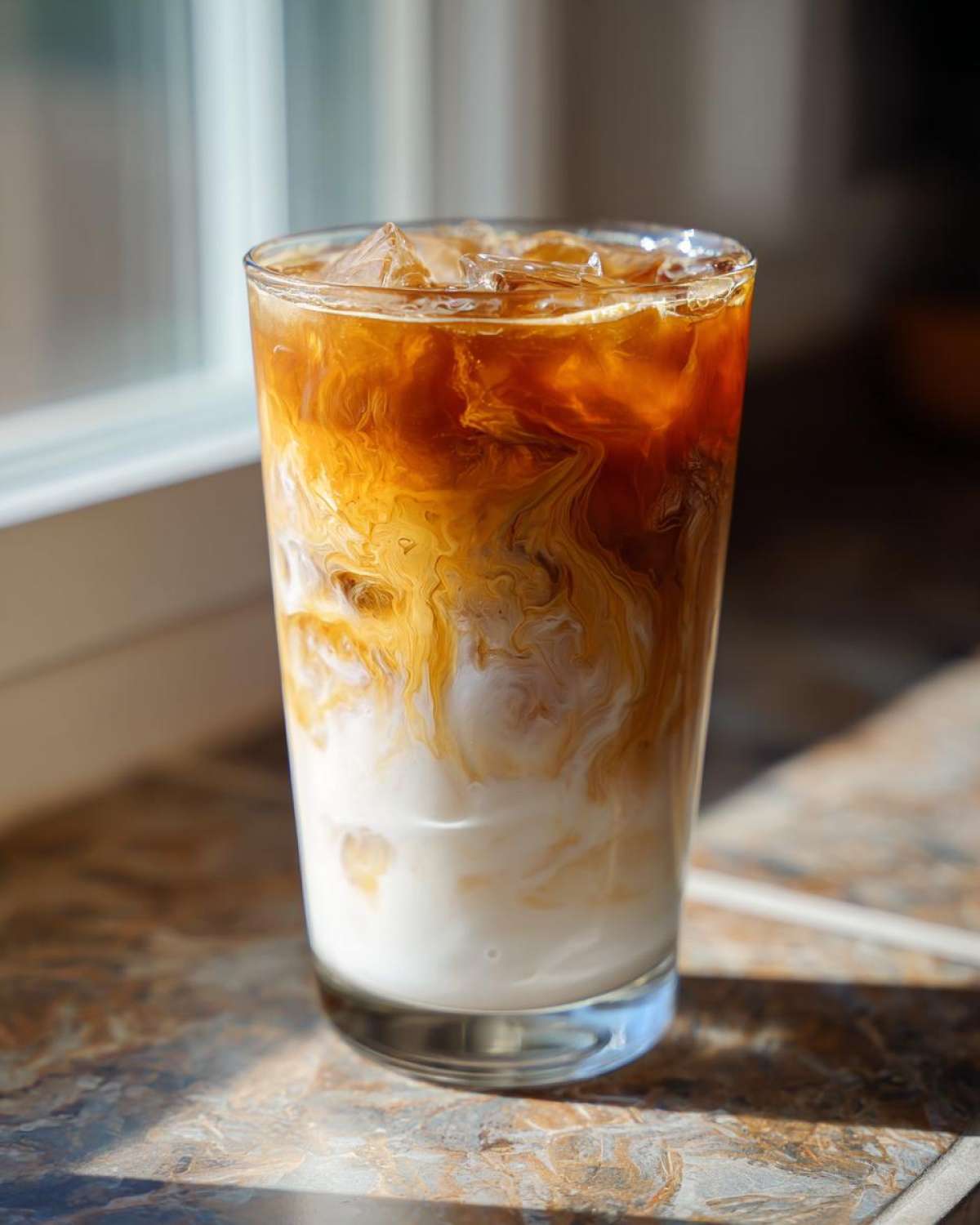 Close-up of an Iced Honey Almond Milk Latte showing beautiful swirls of espresso mixing with almond milk over ice.
