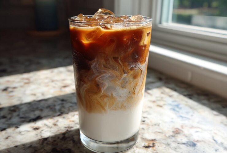 A tall glass showing the beautiful swirl of espresso mixing into almond milk for an Iced Honey Almond Milk Latte.