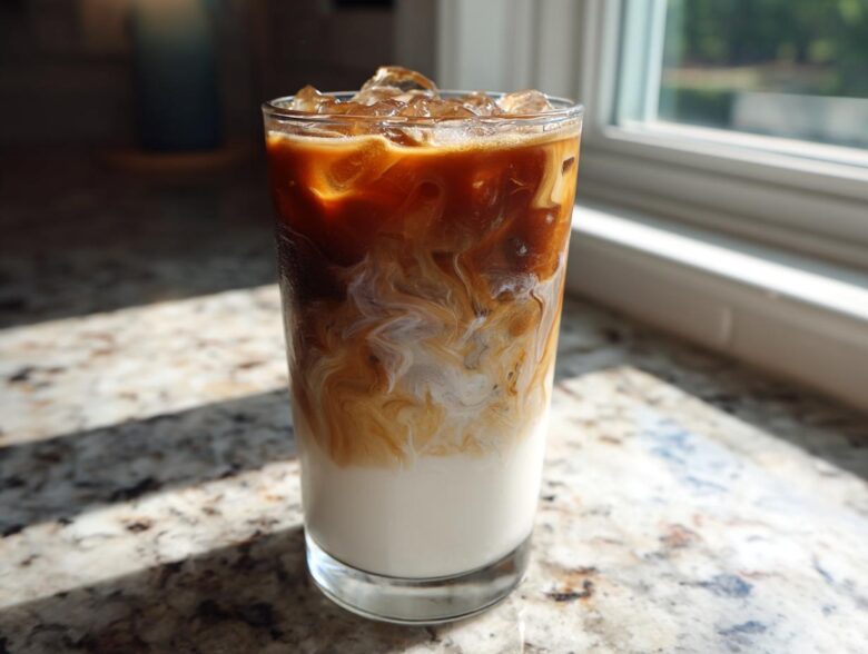 A tall glass showing the beautiful swirl of espresso mixing into almond milk for an Iced Honey Almond Milk Latte.