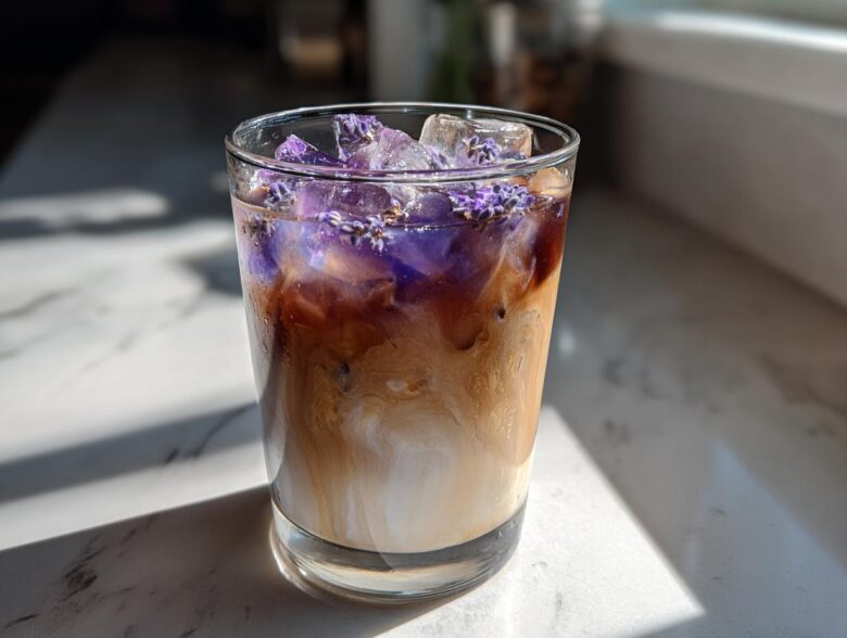 A glass containing an Iced Lavender Latte with swirling milk and espresso, topped with ice and purple lavender flowers.