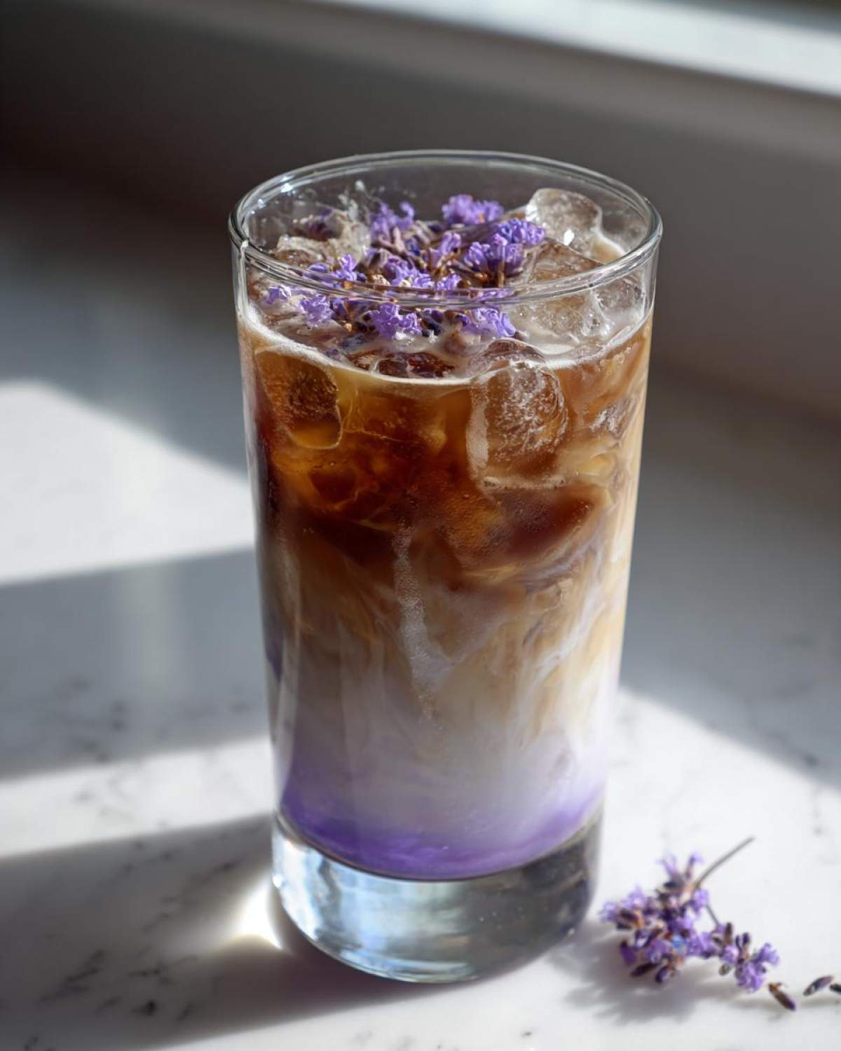 A tall glass showcasing a layered Iced Lavender Latte with purple syrup, milk, espresso, and ice, topped with dried lavender.